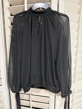 New York & Company Black Sheer Mock-Neck Blouse with Tie Cuffs